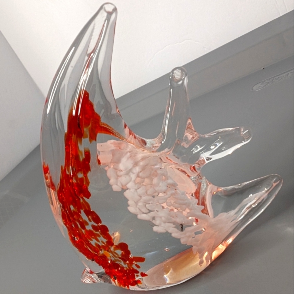 Murano style blown art glass orange white&clear‎ angel fish paperweight/figurine